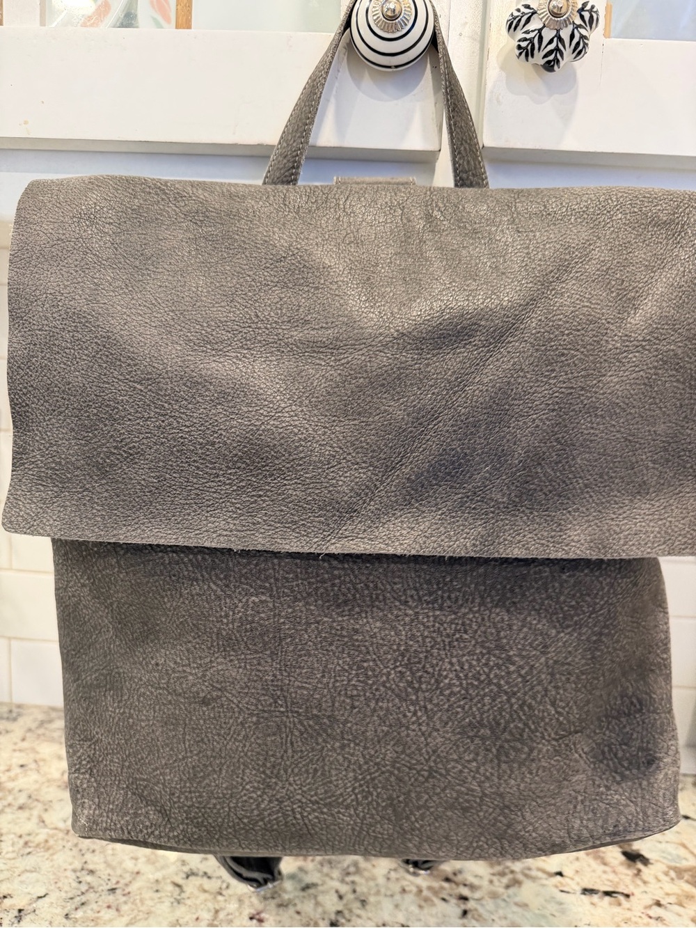 Eileen Fisher Gray Fold-Over Leather Backpack - Picture 3 of 15